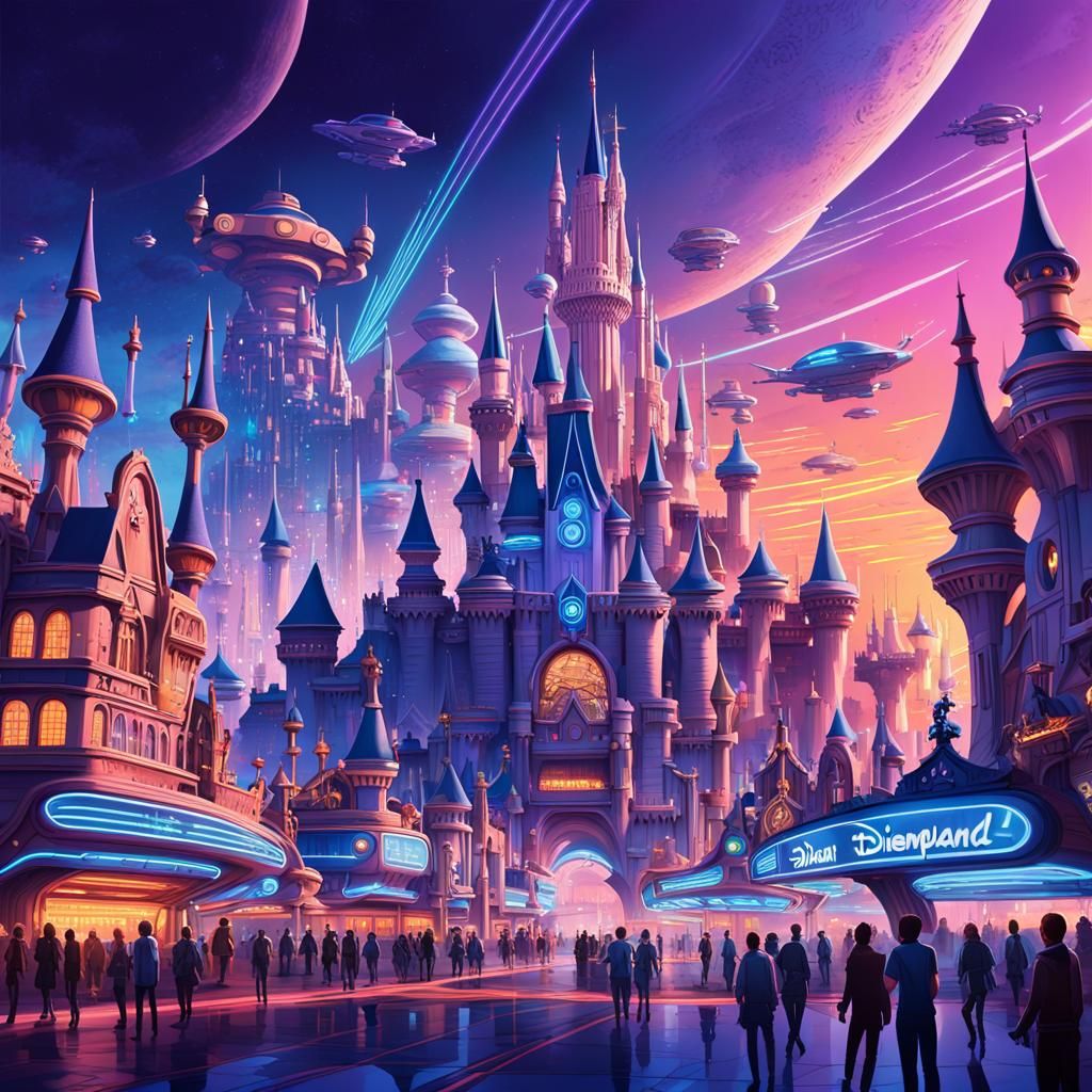 Futuristic Disneyland 3000: Sci-Fi Cityscape at Sunset