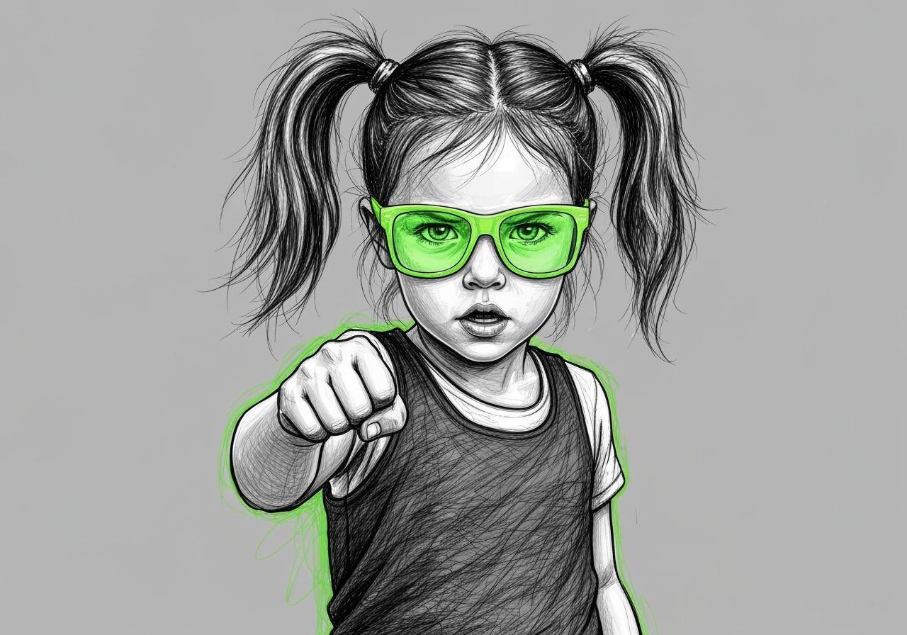 Energetic Girl with Neon Glasses Punches Forward