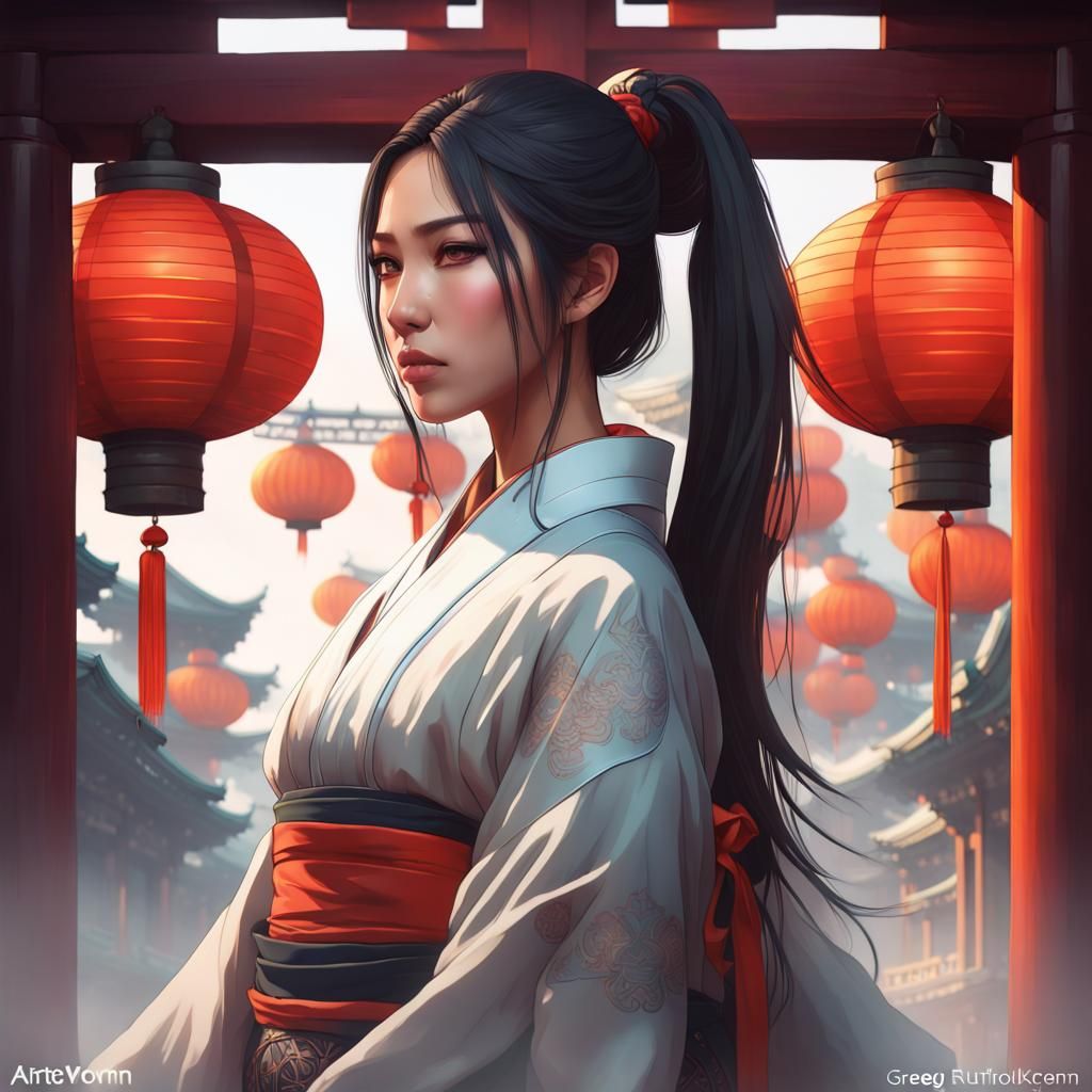 Woman in Japanese Priest Outfit at Tori Gate