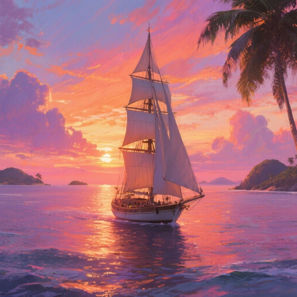 Majestic Sailboat at Tropical Sunset, Vintage Maritime Style