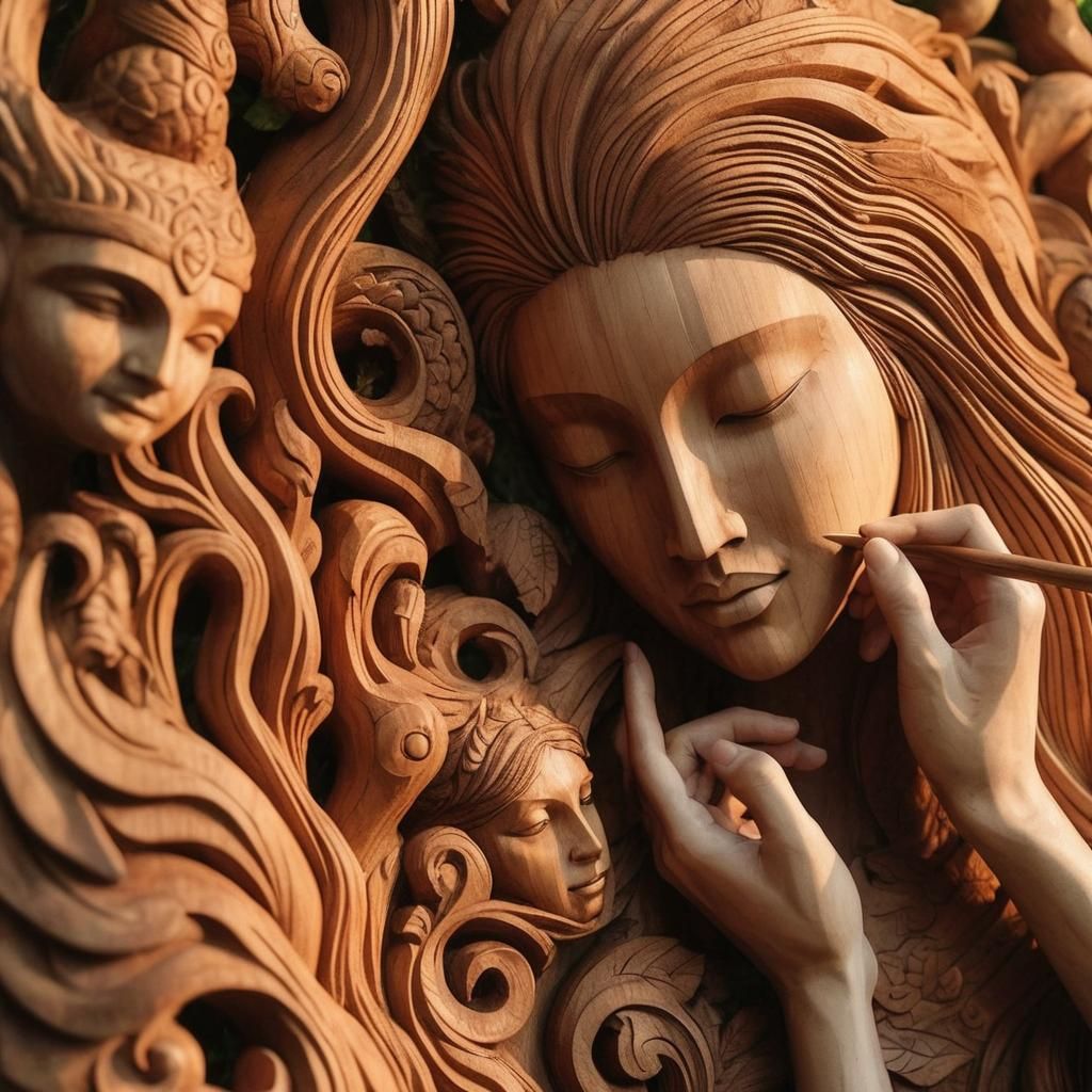 Create a close-up wood statue carving: Mahogany; Intricate, ...