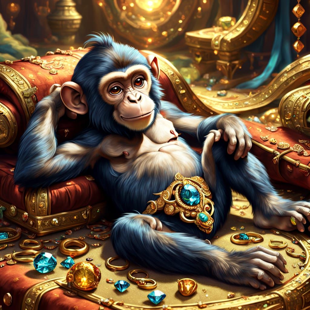 Cheerful Monkey Lounging on Gold Treasure Pile in Disney Sty...