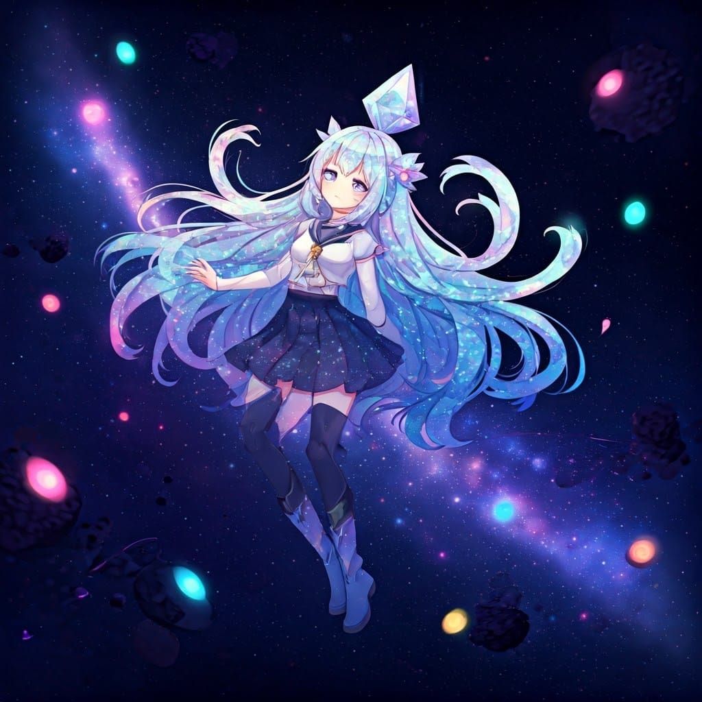 Anime Girl with Diamond Hair in Starry Galaxy