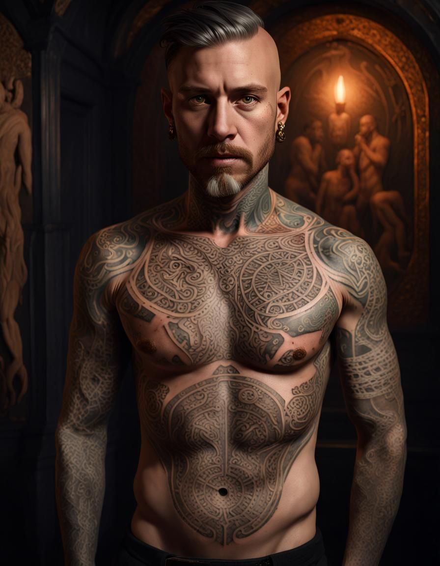 Man with Glowing Piri Reis Tattoos in Dark Chamber