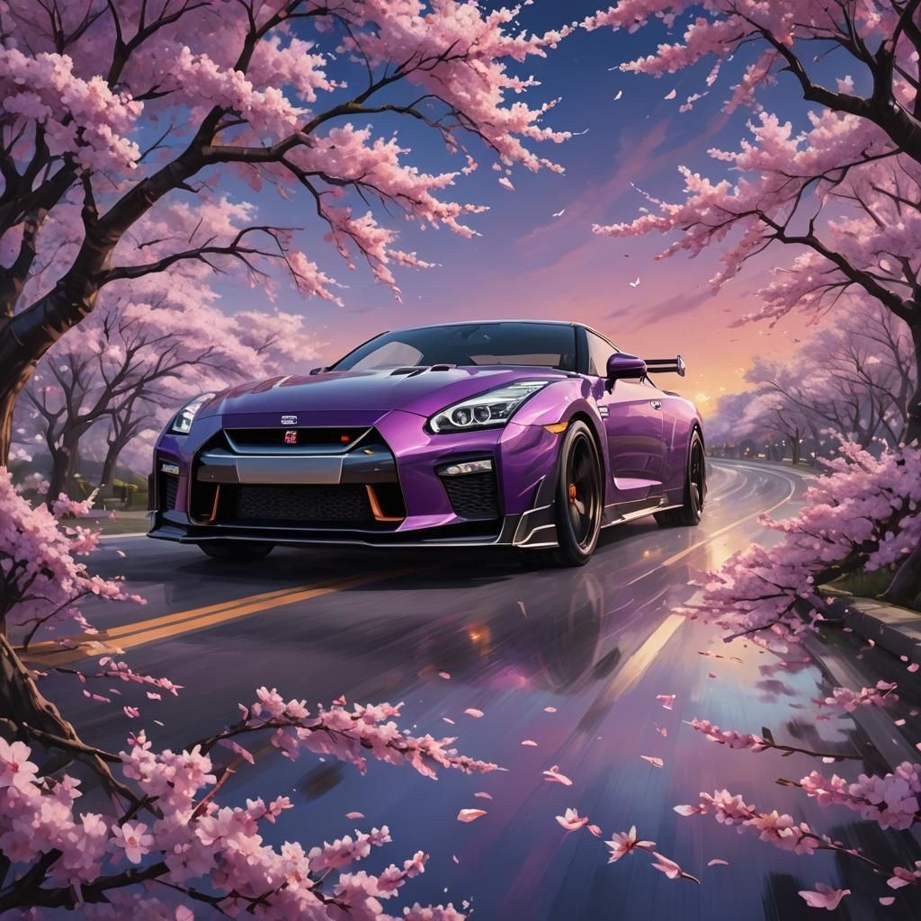 GTR R35 Speeding Under Cherry Blossoms: Vibrant Concept Art