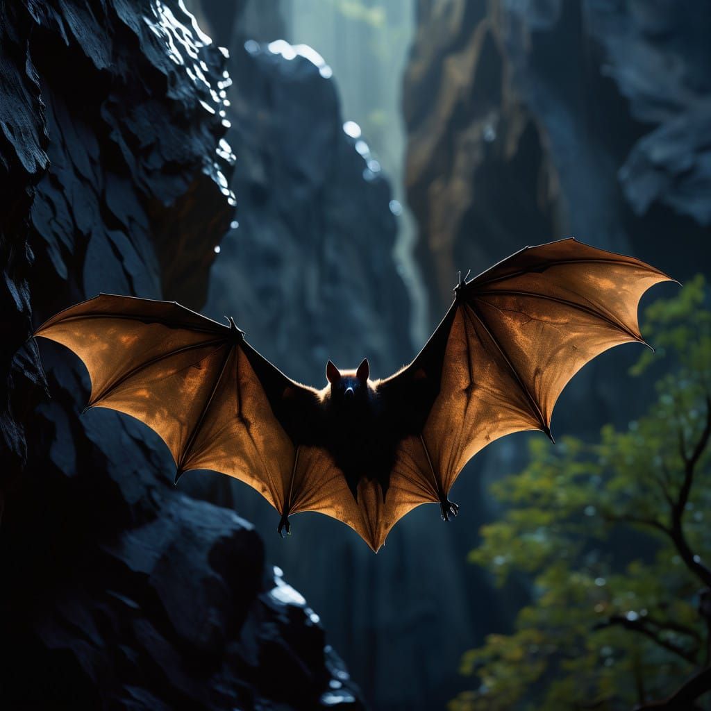 Dark Black Bat in Cave, Glistening in Soft Light, Canon Lens...