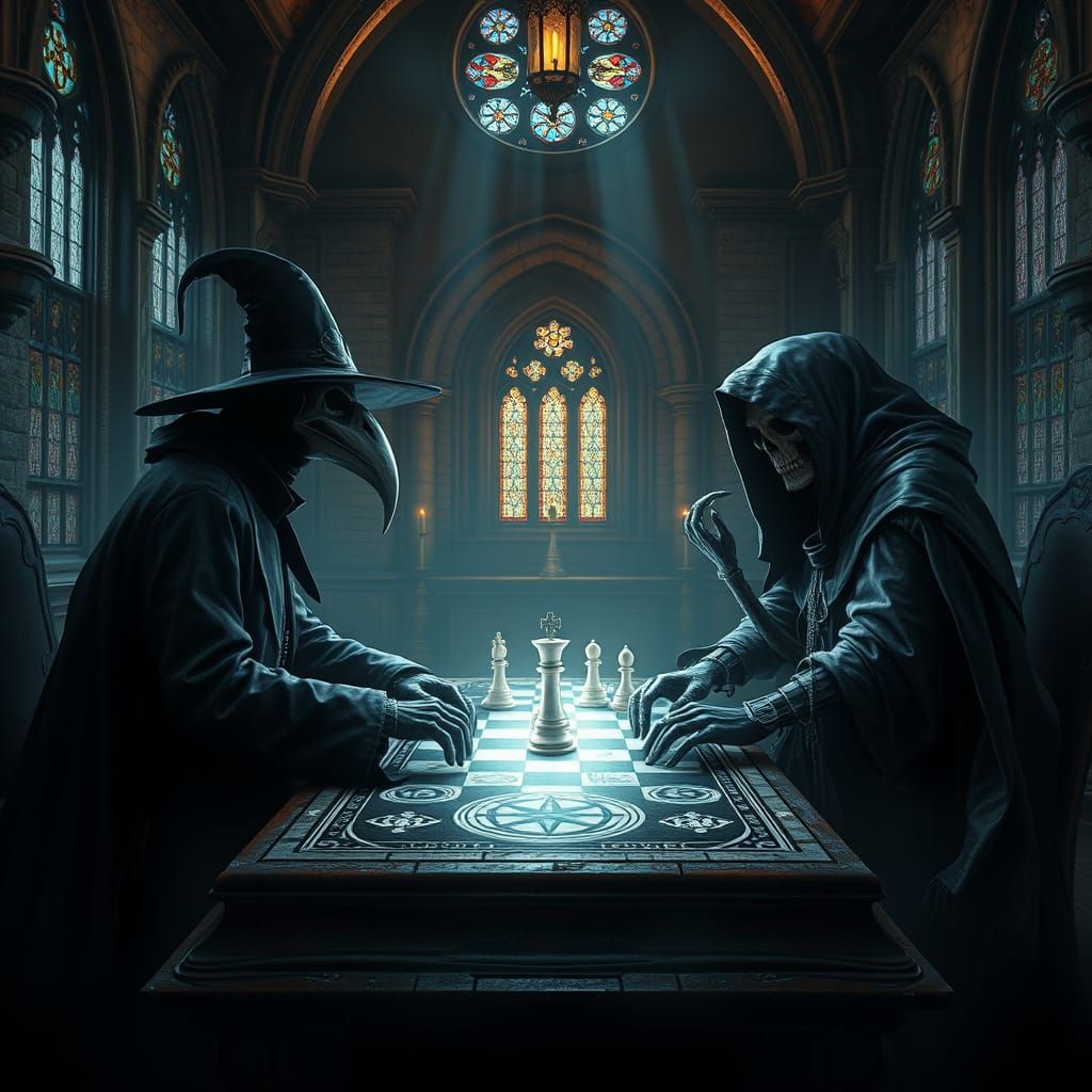 Dark Fantasy Chess Match Between Plague Doctor and Grim Reap...