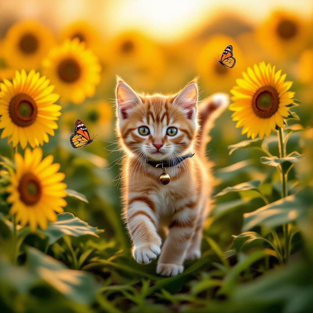 Kitten's Joy: Tabby in Sunflower Field, Impressionistic Styl...