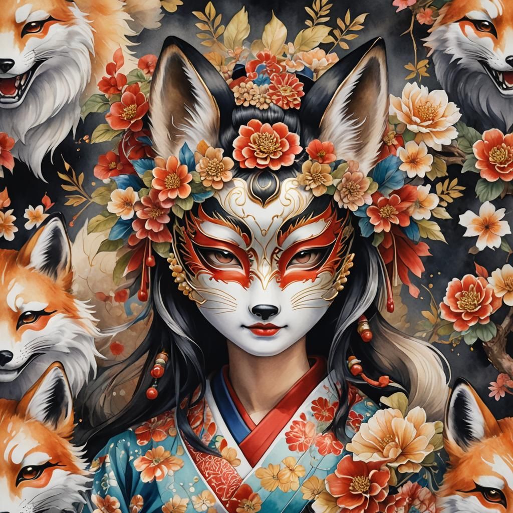 Geisha in Kitsune Mask Watercolor Portrait