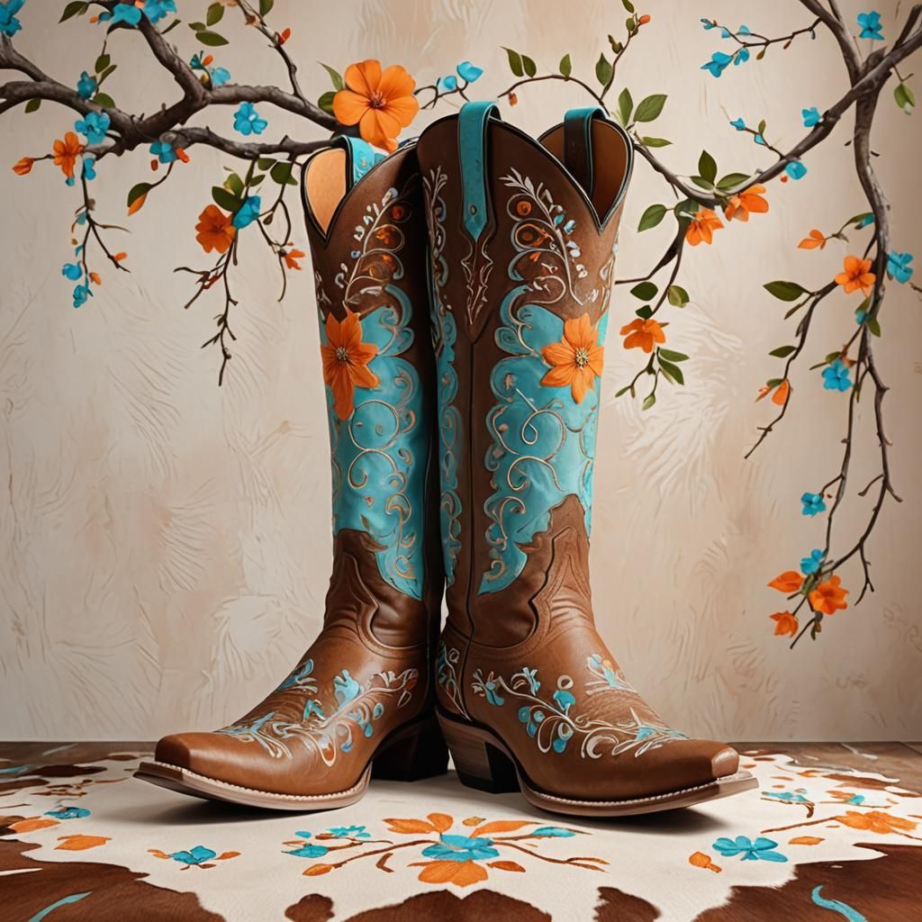 Cowboy Boots with Blossom Vines, Hyperrealistic Render