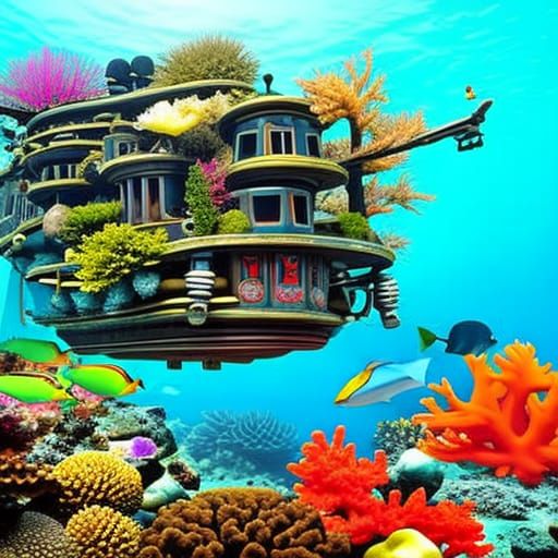 Steampunk Submarine over Coral Reef: Zen Aesthetic
