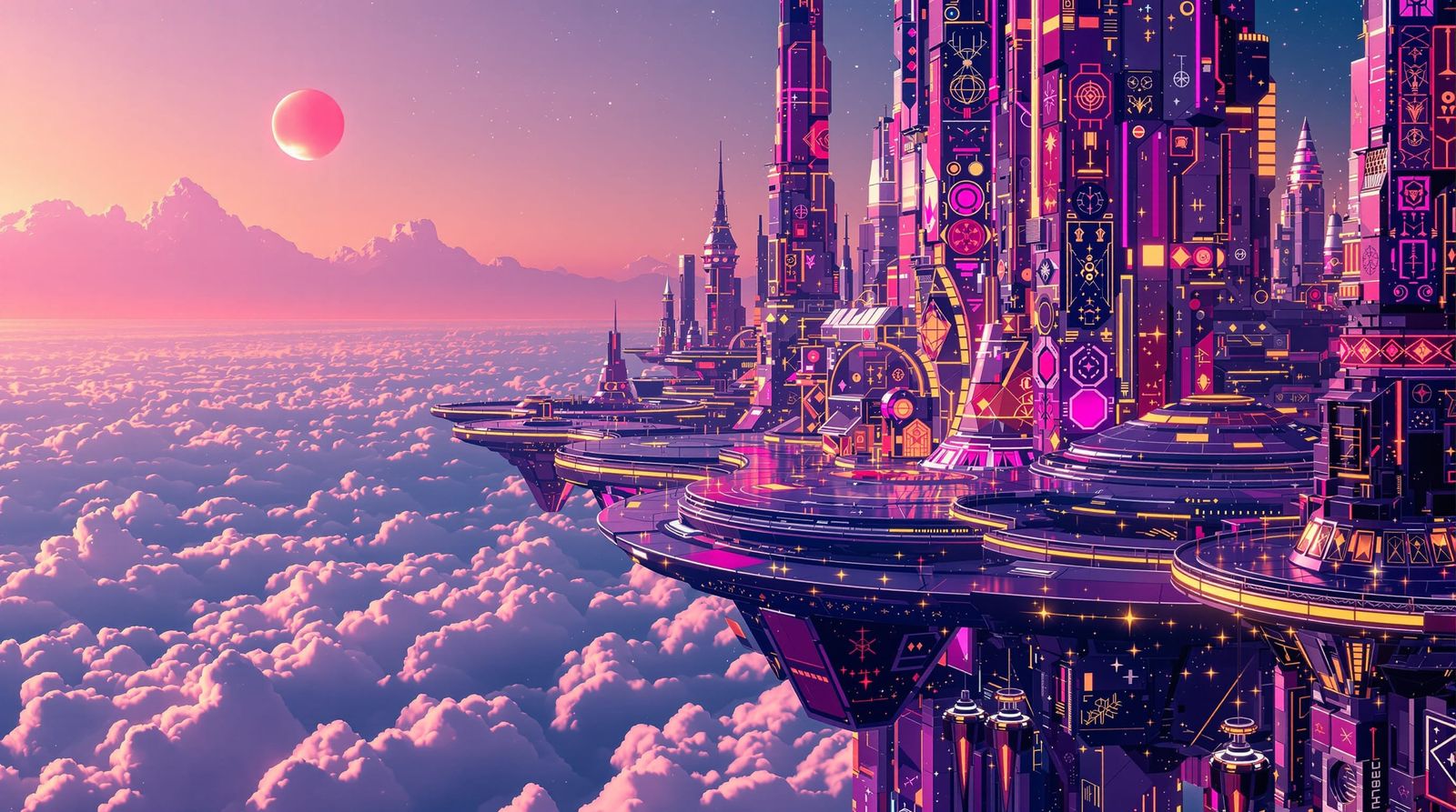 Futuristic City Above Clouds with Luminescent Panels