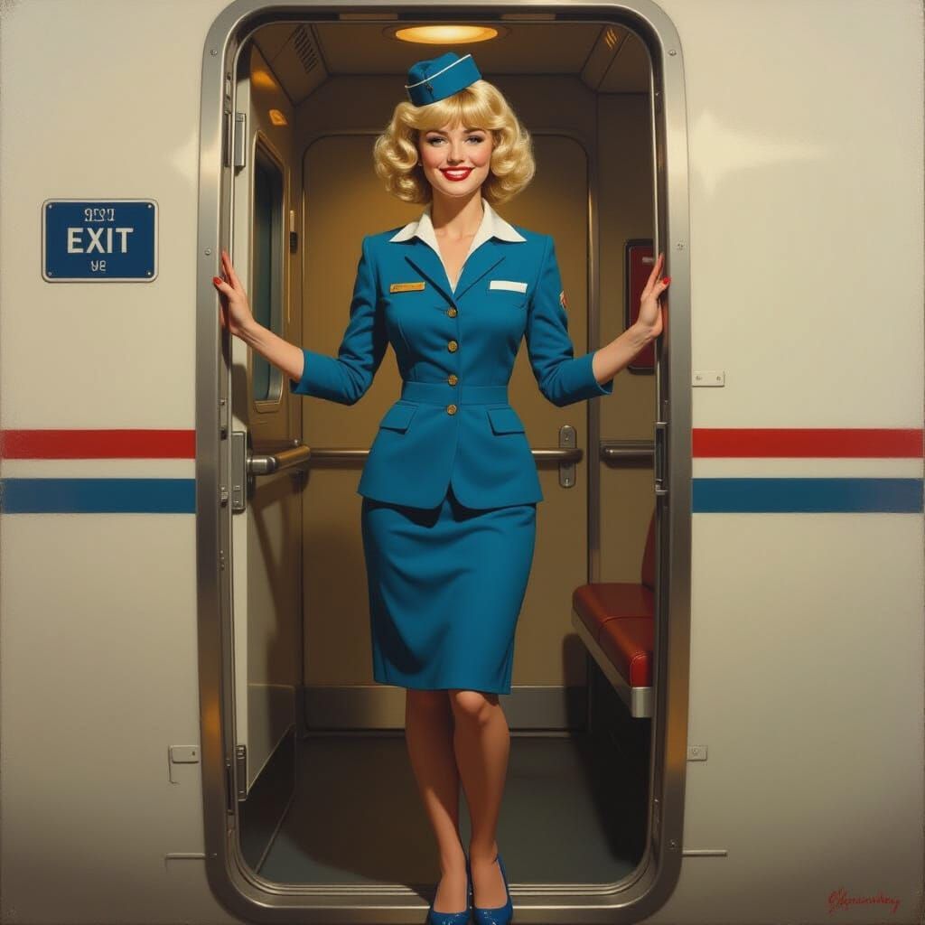 Smiling Blonde Flight Attendant in Realistic Oil Painting St...