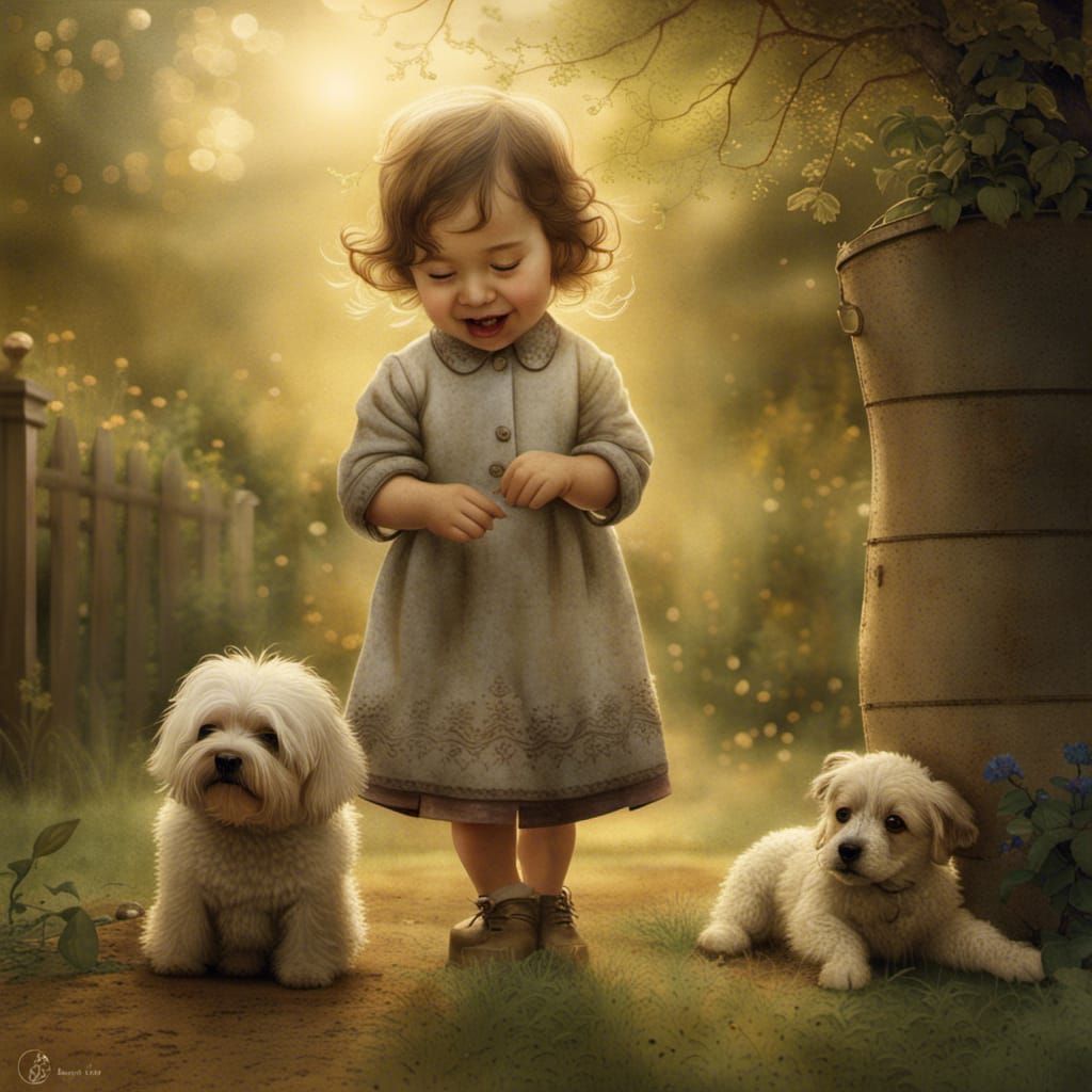 Toddler Siblings Play with Dog in Garden