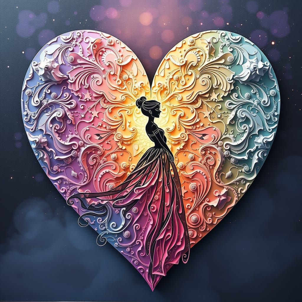 Whimsical Disney Princess with Surreal Rainbow Mosaic Heart