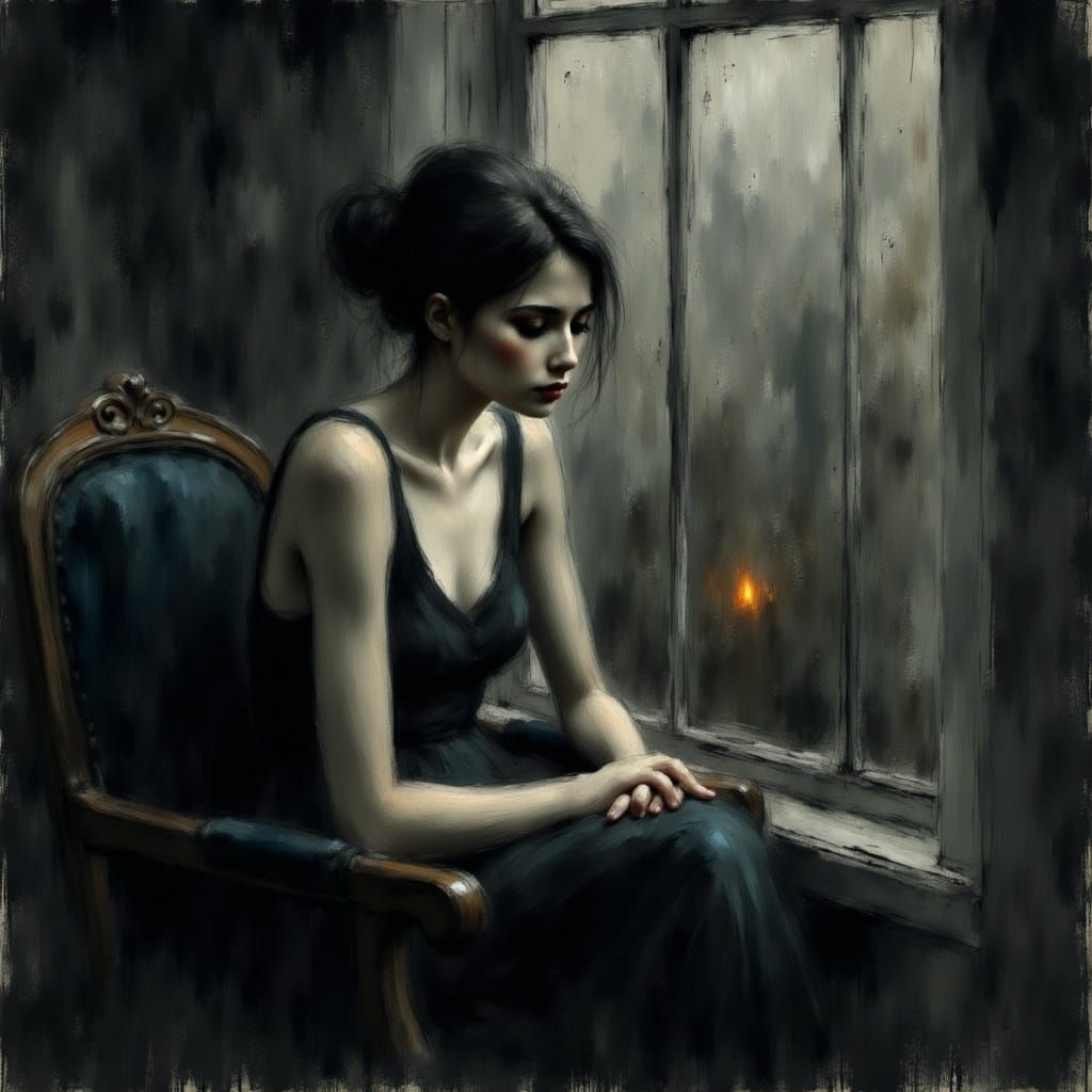 Worried Woman Contemplating in Dim Light Impasto Painting