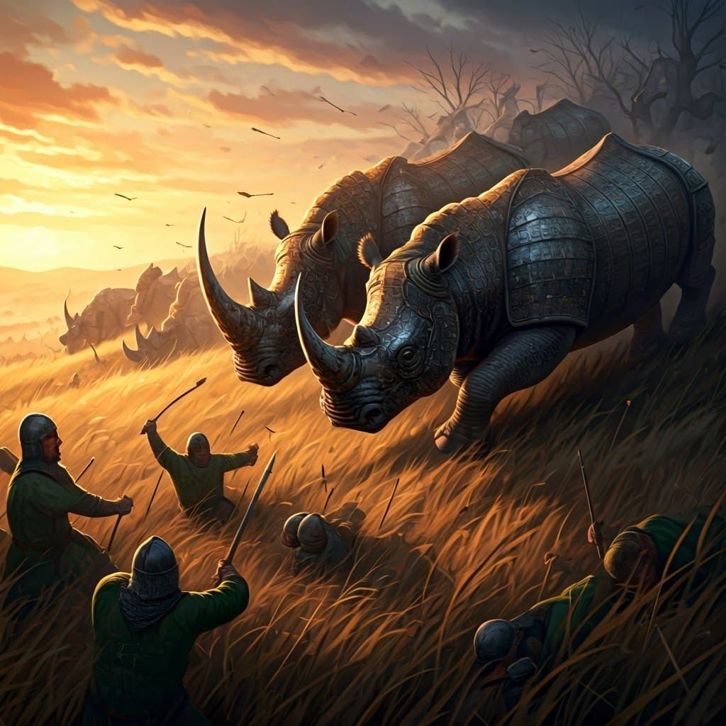 Armored Rhinos Charge Medieval Forces in Dawn Light