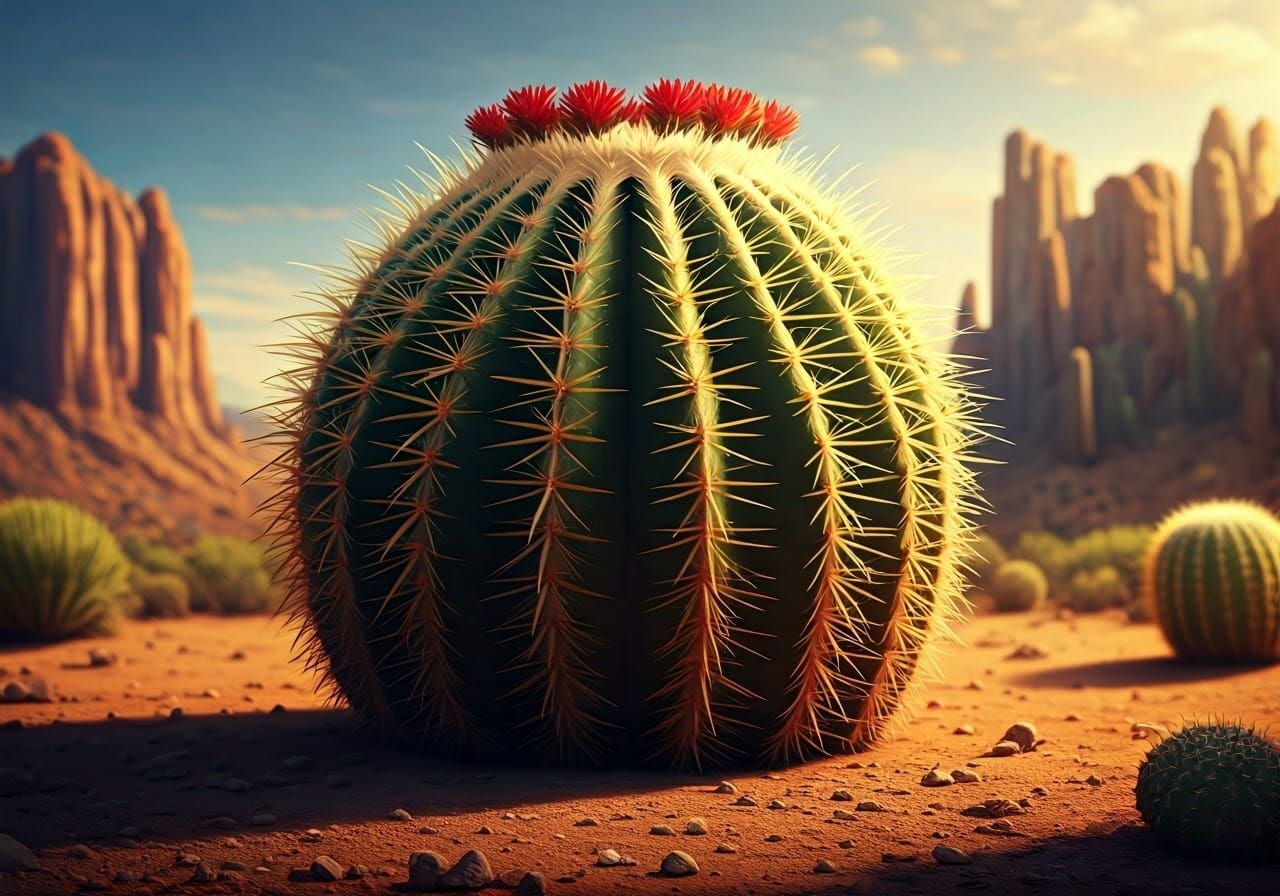 Barrel Cactus in Desert Environment: Hyperrealistic Splash A...