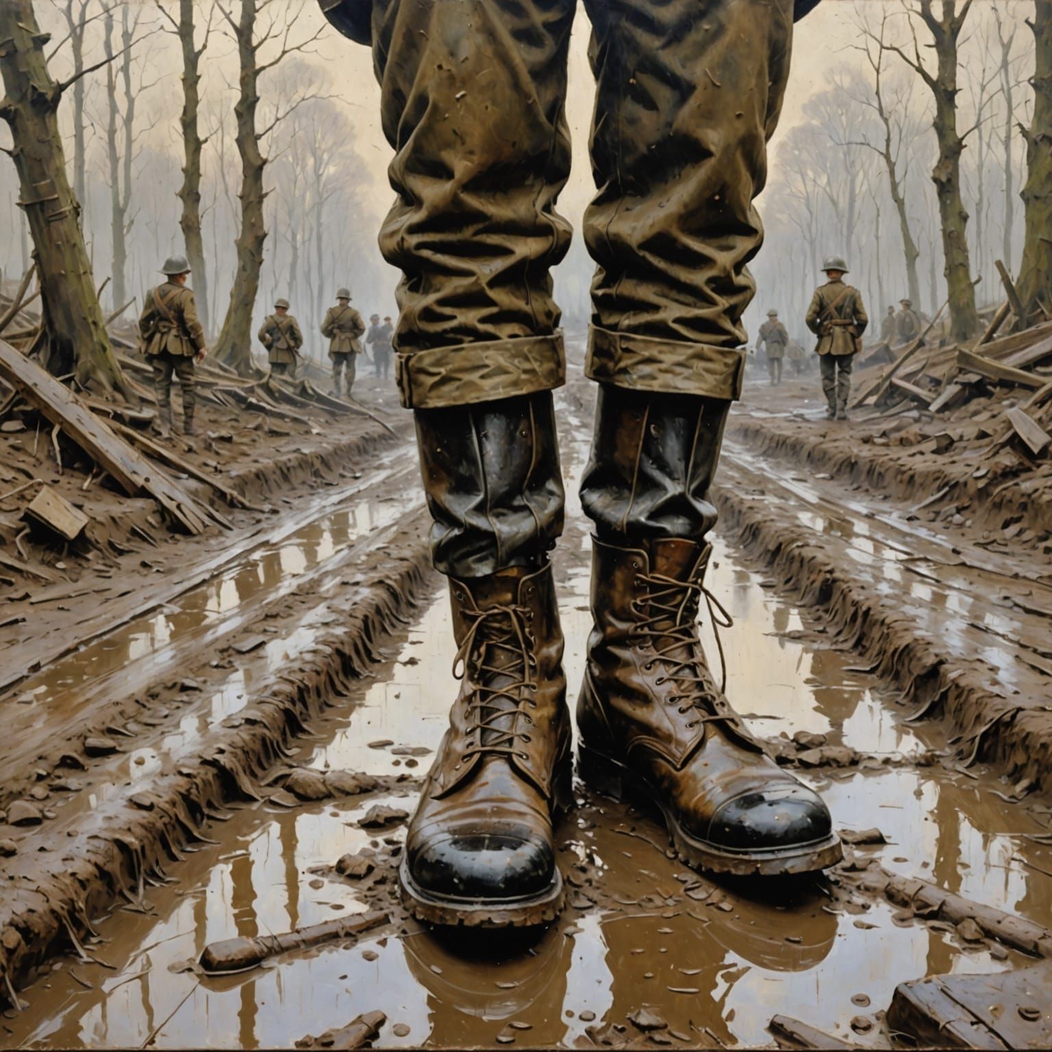 WWI Muddy Ground Impasto Painting with Boots and Helmet