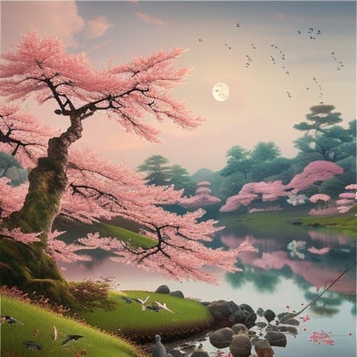 Moonlit Cherry Blossoms: A Hyperrealistic Japanese Landscape