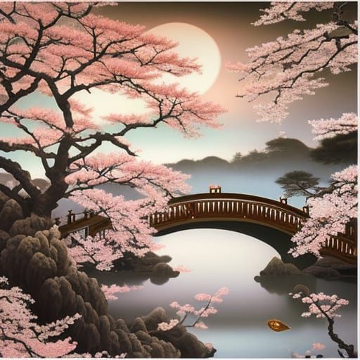 Hyperrealistic Japanese Landscape with Cherry Blossoms