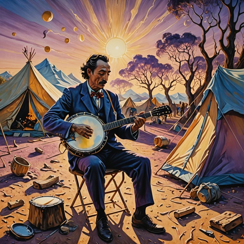 Surrealist Banjo Player in Dreamlike Camping Scene