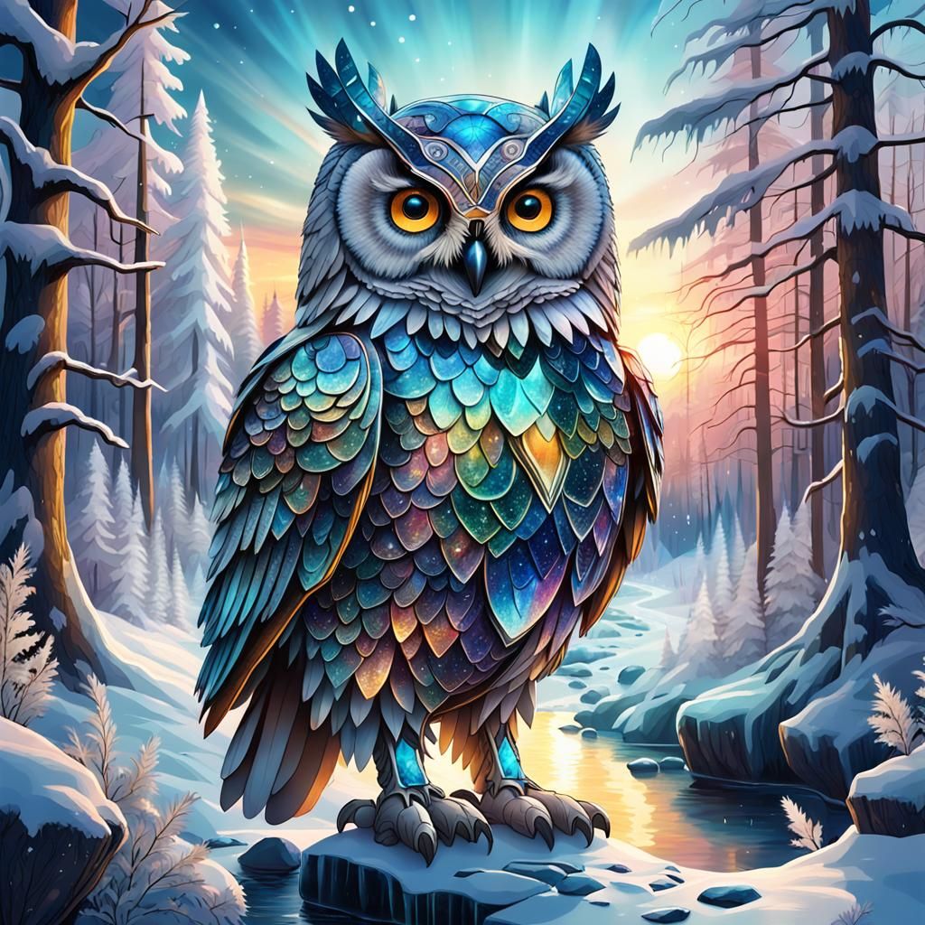 Crystal Armored Owl in Winter Forest Illustration
