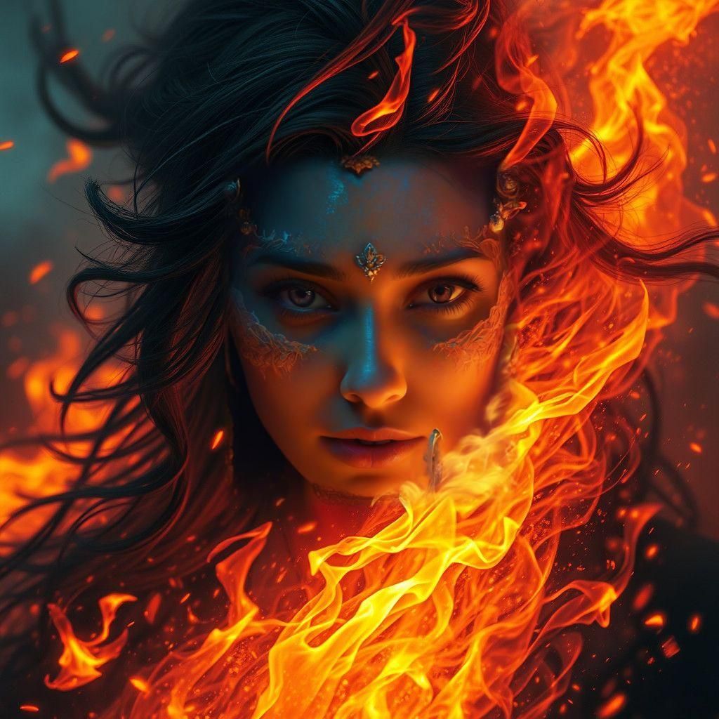 Woman in Flames: Intense Gaze in Detailed Matte Painting