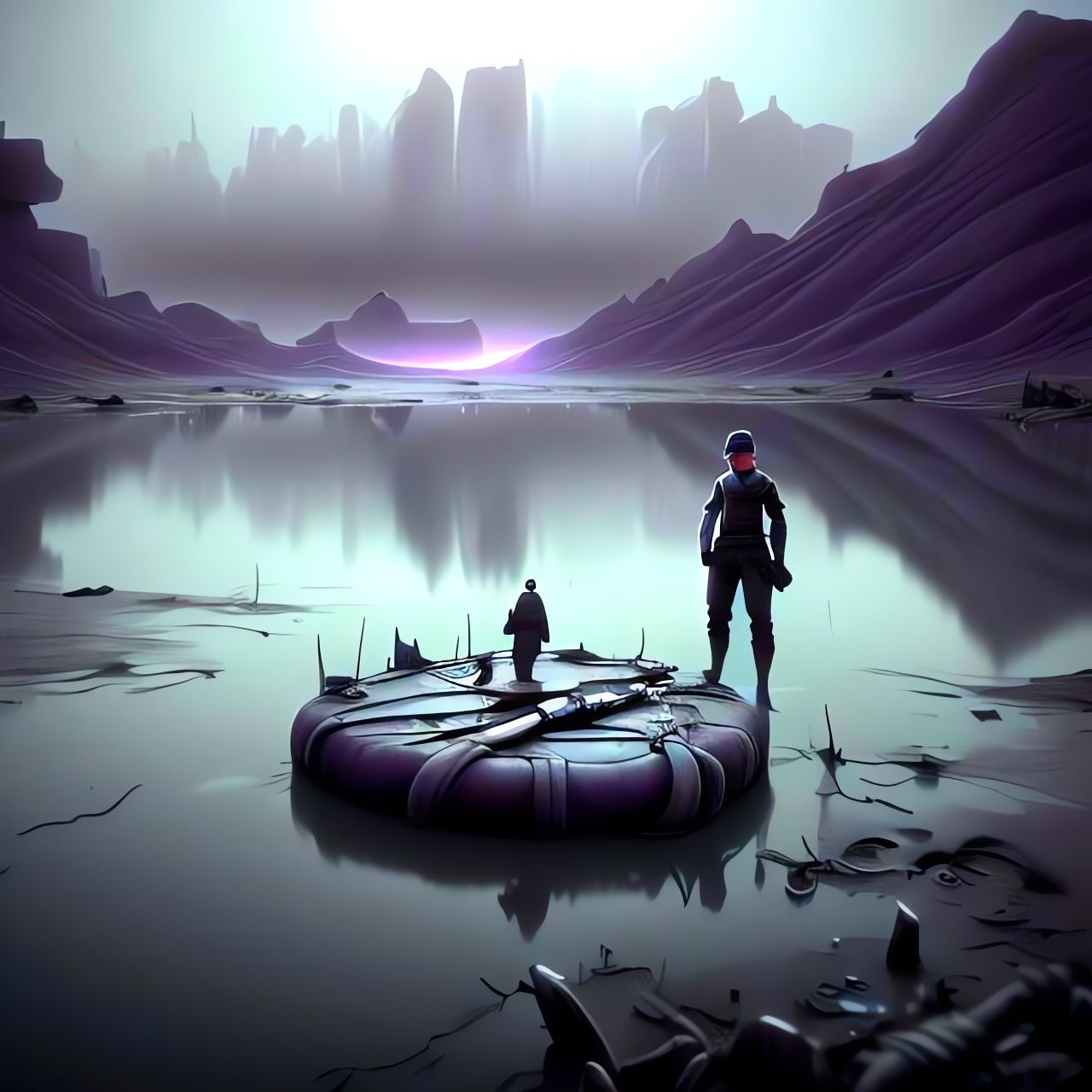 Eerie Rusty Coin in Post-Apocalyptic Purple Lake