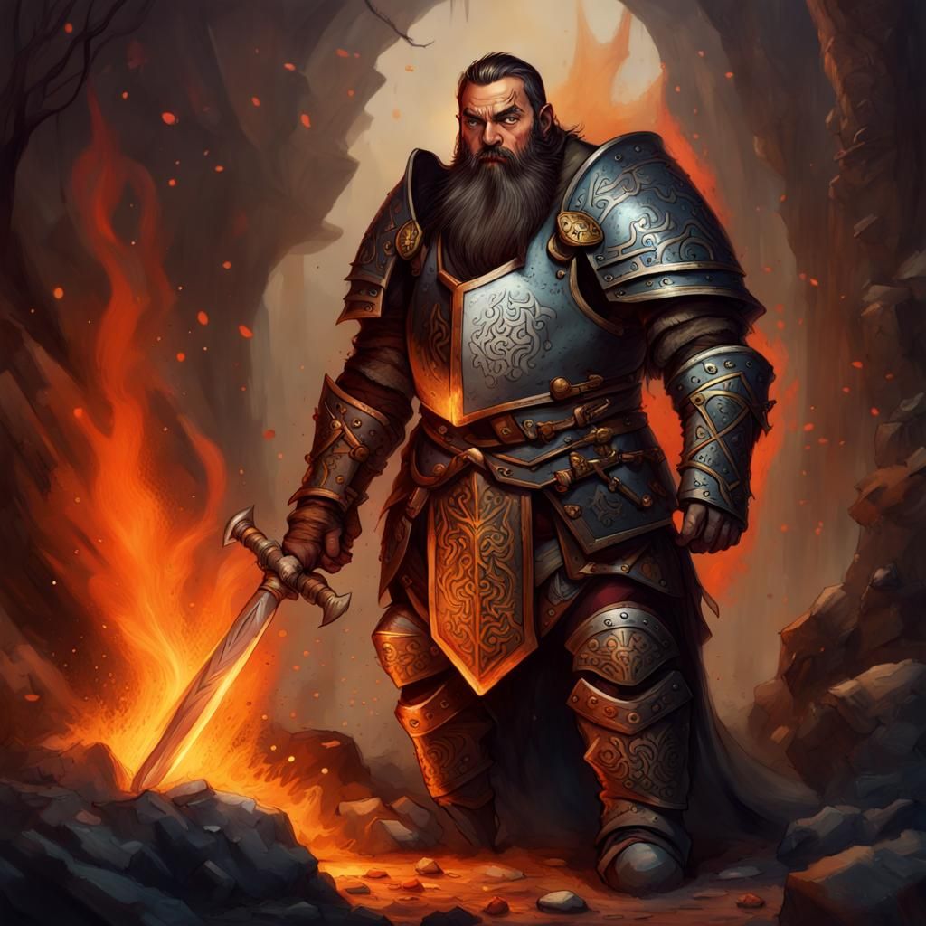 Dwarven Knight with Fiery Warhammer in Detailed Matte Painti...