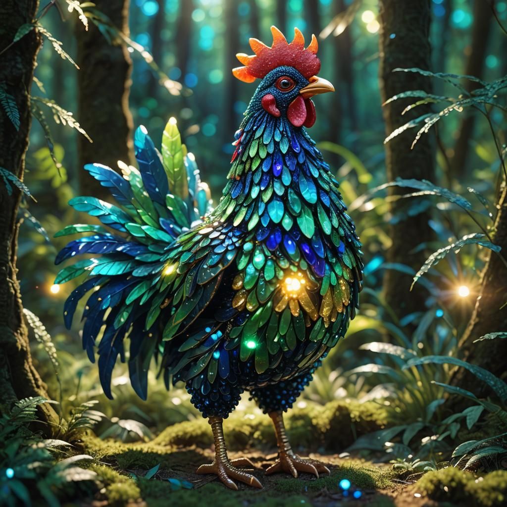 Beaded Chicken Sculpture in Mystical Forest