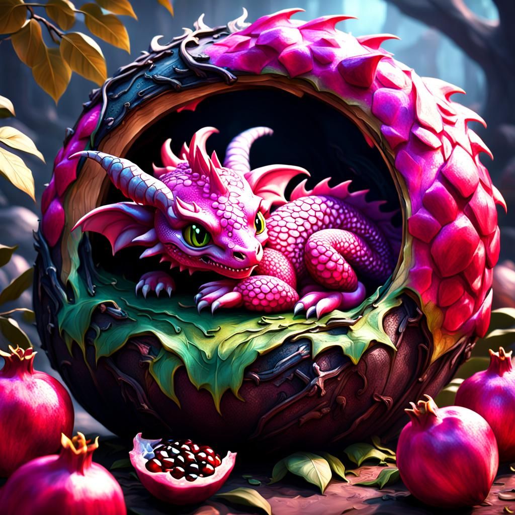 Baby Pink Dragon Asleep in Pomegranate