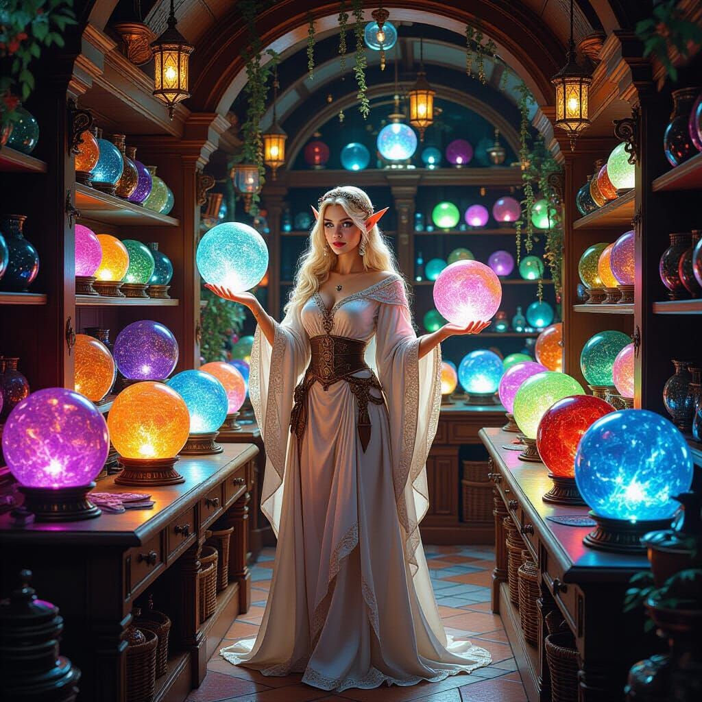 Enchanting Elf Shopkeeper in Mystical Crystal Shop