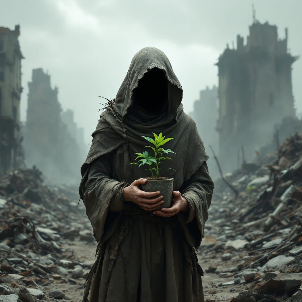 Hopeful Survivor in Post-Apocalyptic Landscape