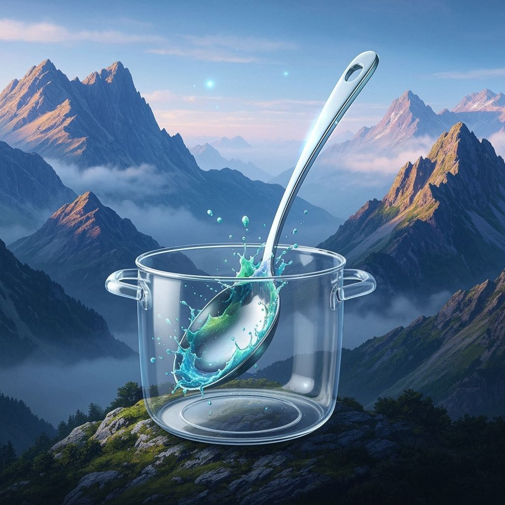Transparent Pot With Sea-Colored Spoon and Mountains