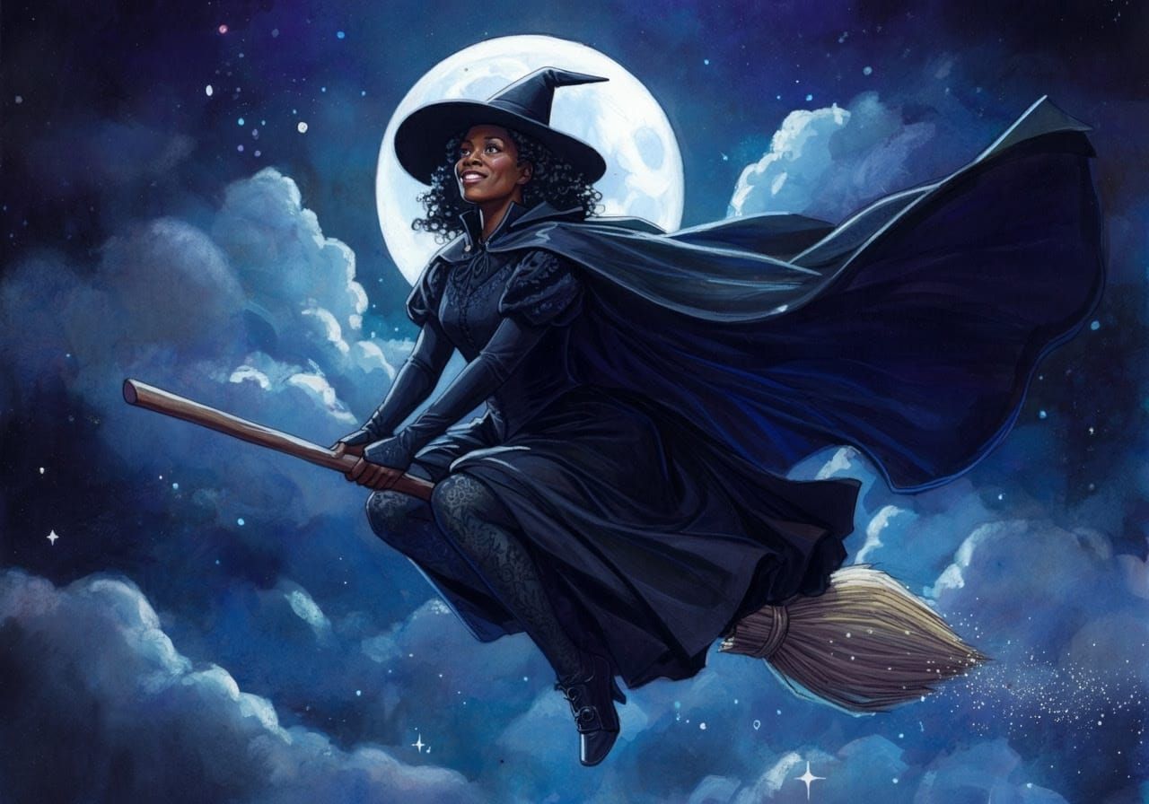 African American Elphaba Soars Through the Moonlit Sky