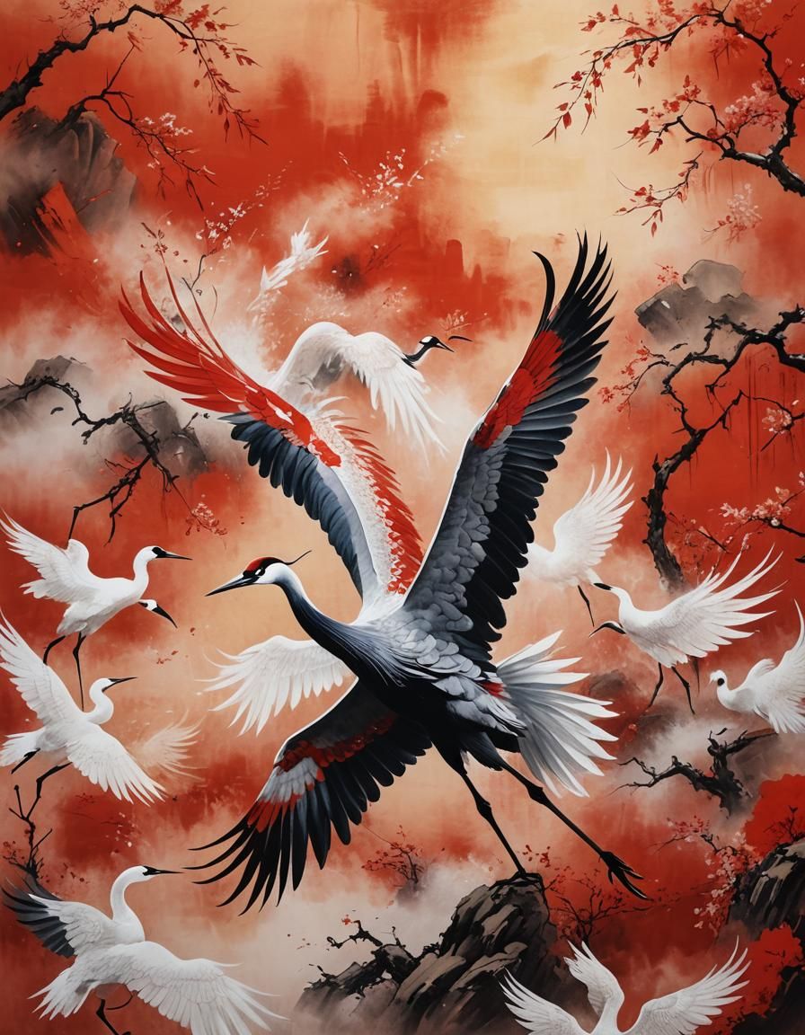 Crane Spreading Wings in Traditional Chinese Painting