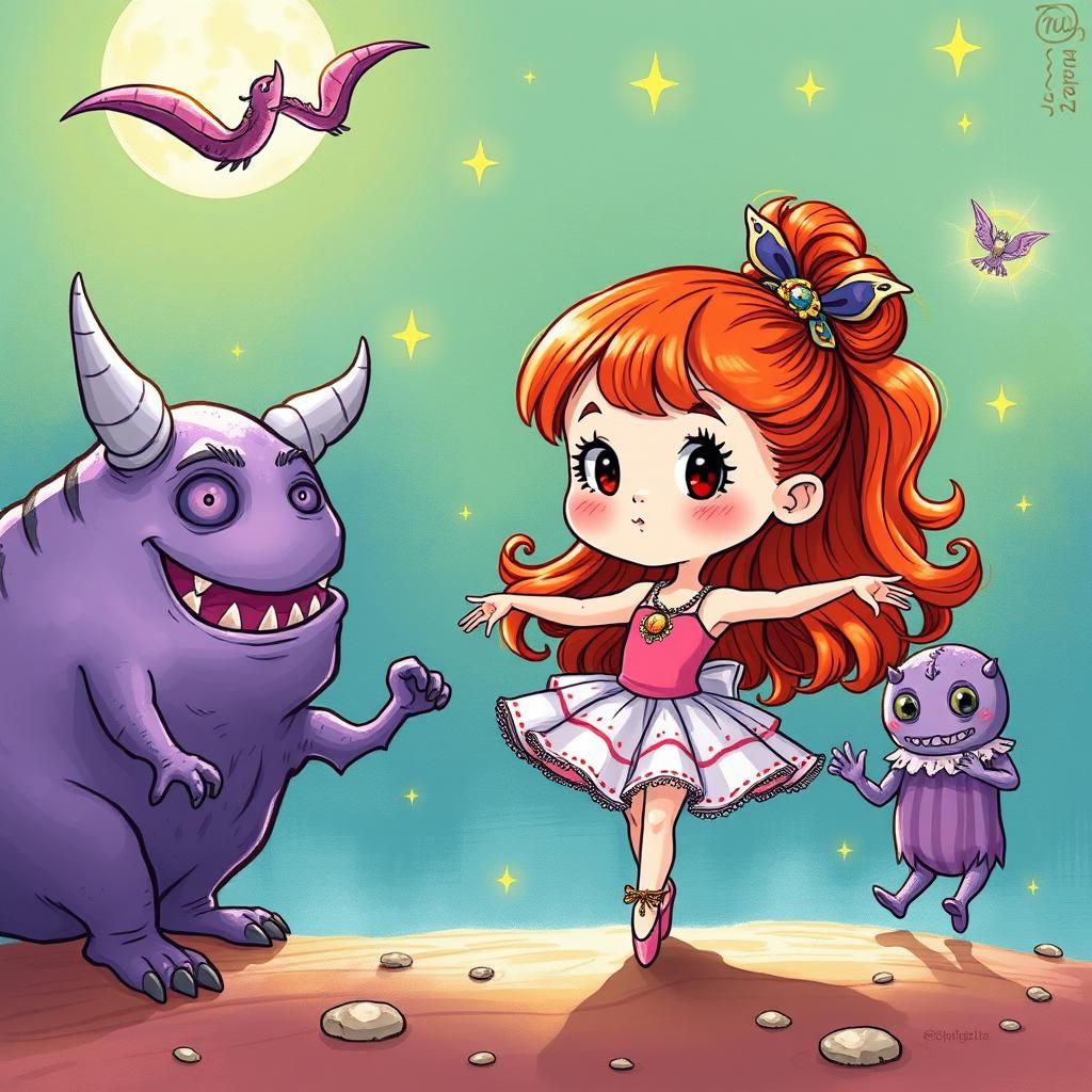 Chibi Ballet Girl with Monsters: Whimsical Digital Art