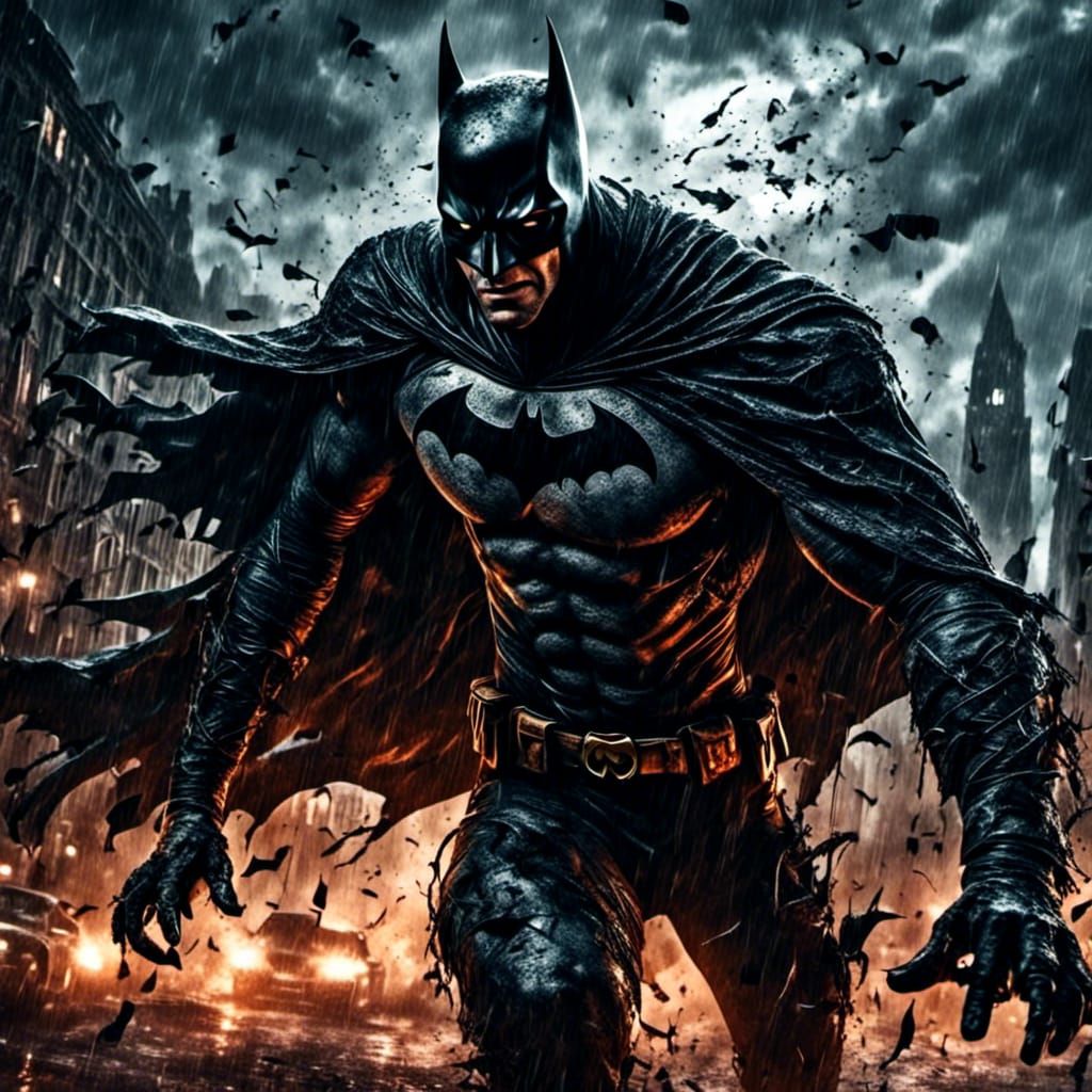 Zombie Batman Snarling in Gothic City Storm