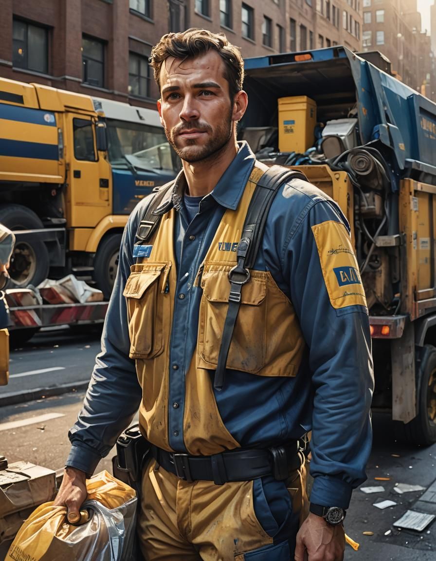 Trash Collector's Joyful Sunrise: Hyper-Realistic Digital Ar...