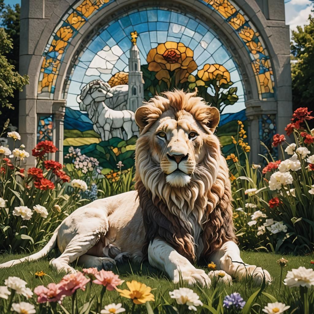 Stained Glass Lion and Lamb near Temple