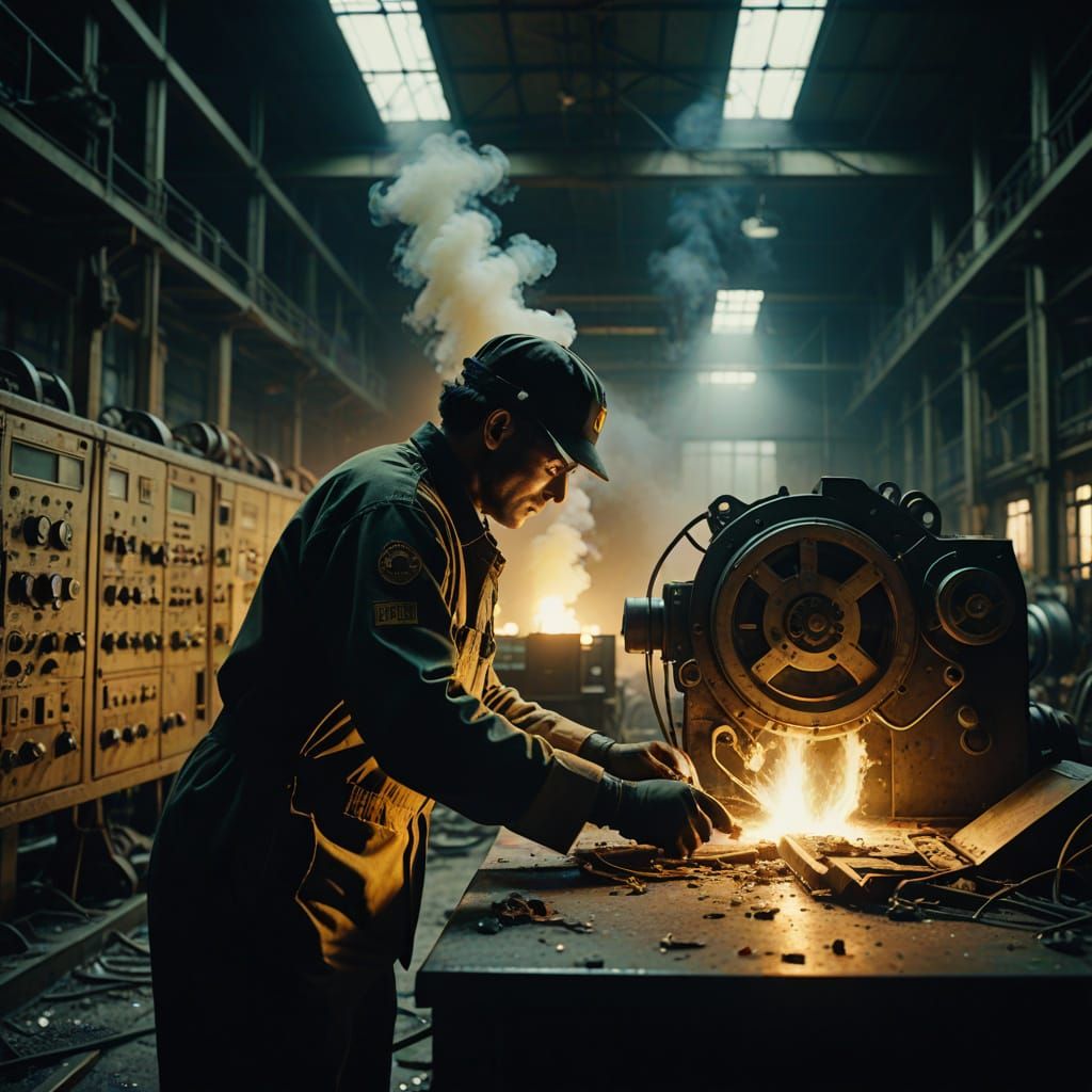 Technician in Abandoned Factory, Cinematic Lighting