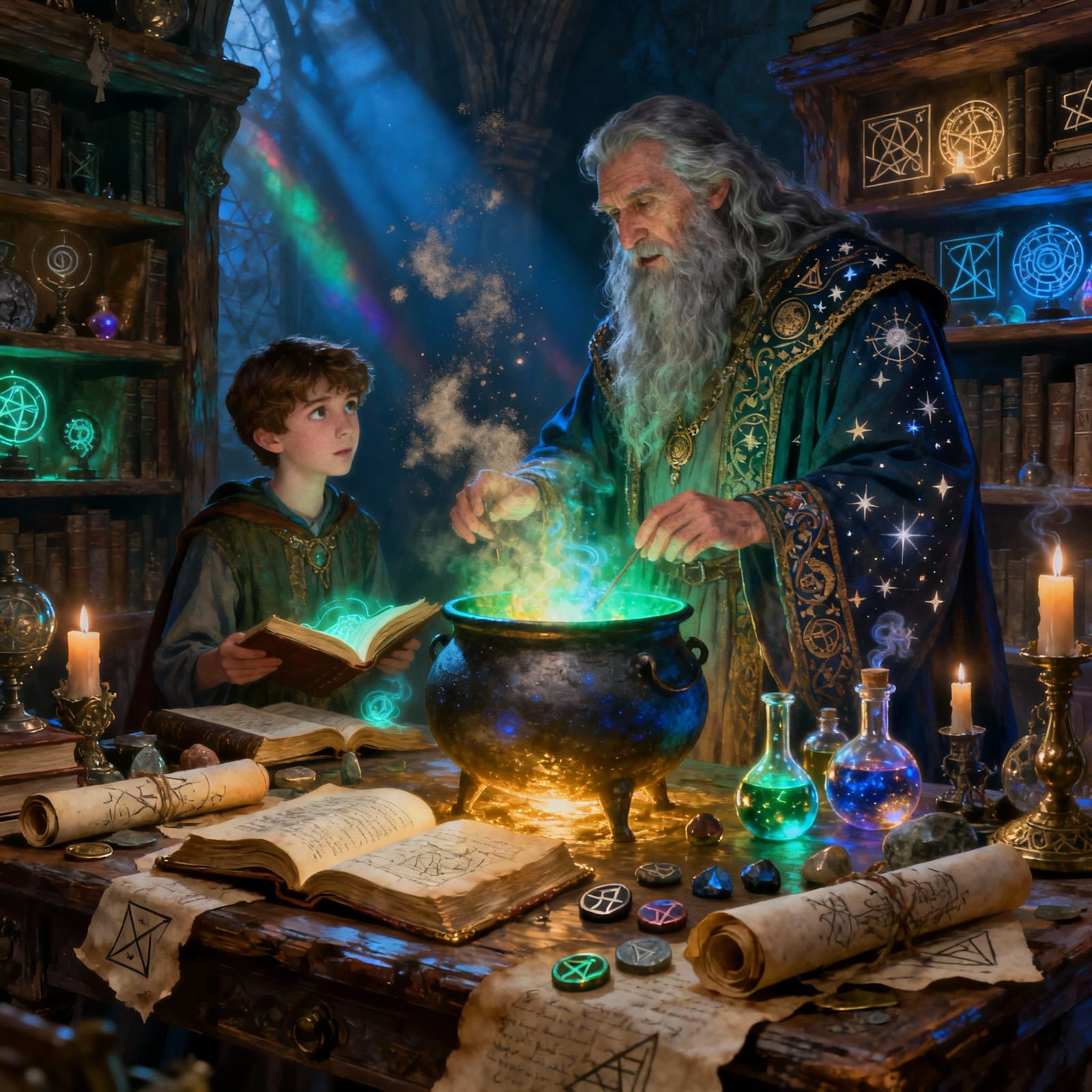 Wizard Teaches Apprentice in Mystical Library
