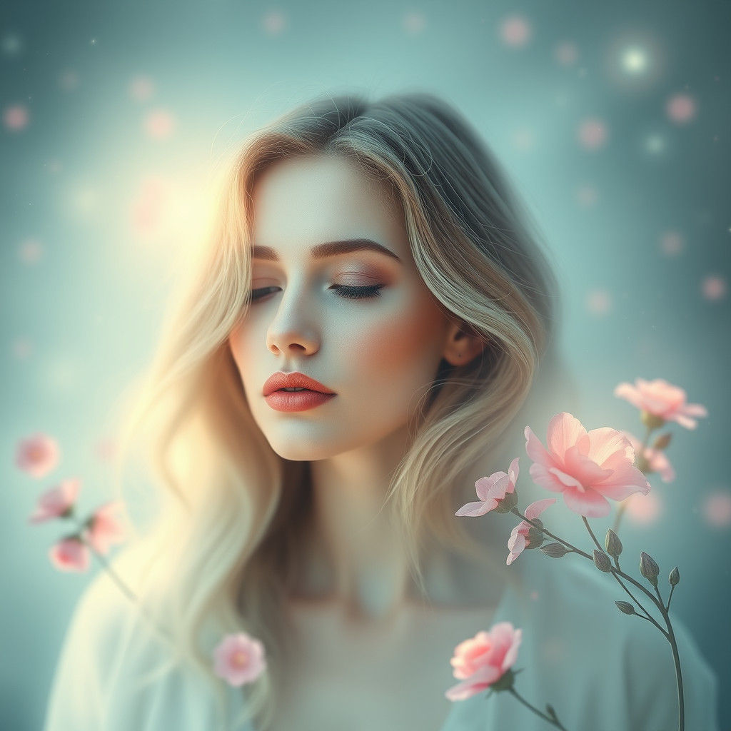 Serene Woman Surrounded by Light and Flowers
