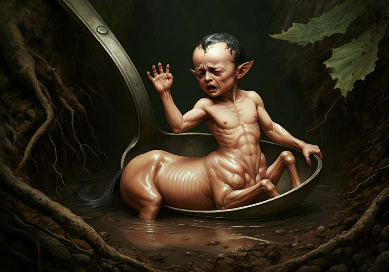 Centaaur Emerges from Primordial Earth in Dark Surrealist St...