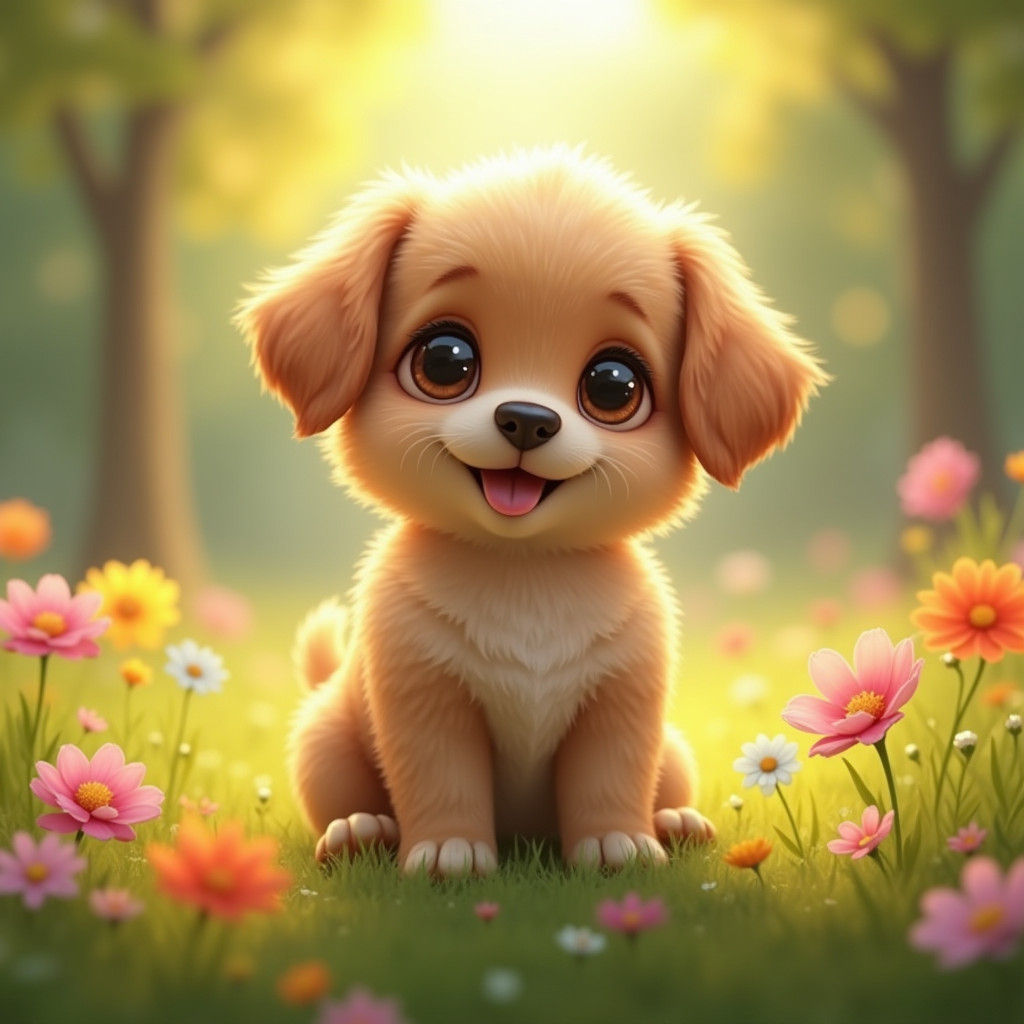 Puppy Portrait in Sunny Meadow: Fantasy Concept Art