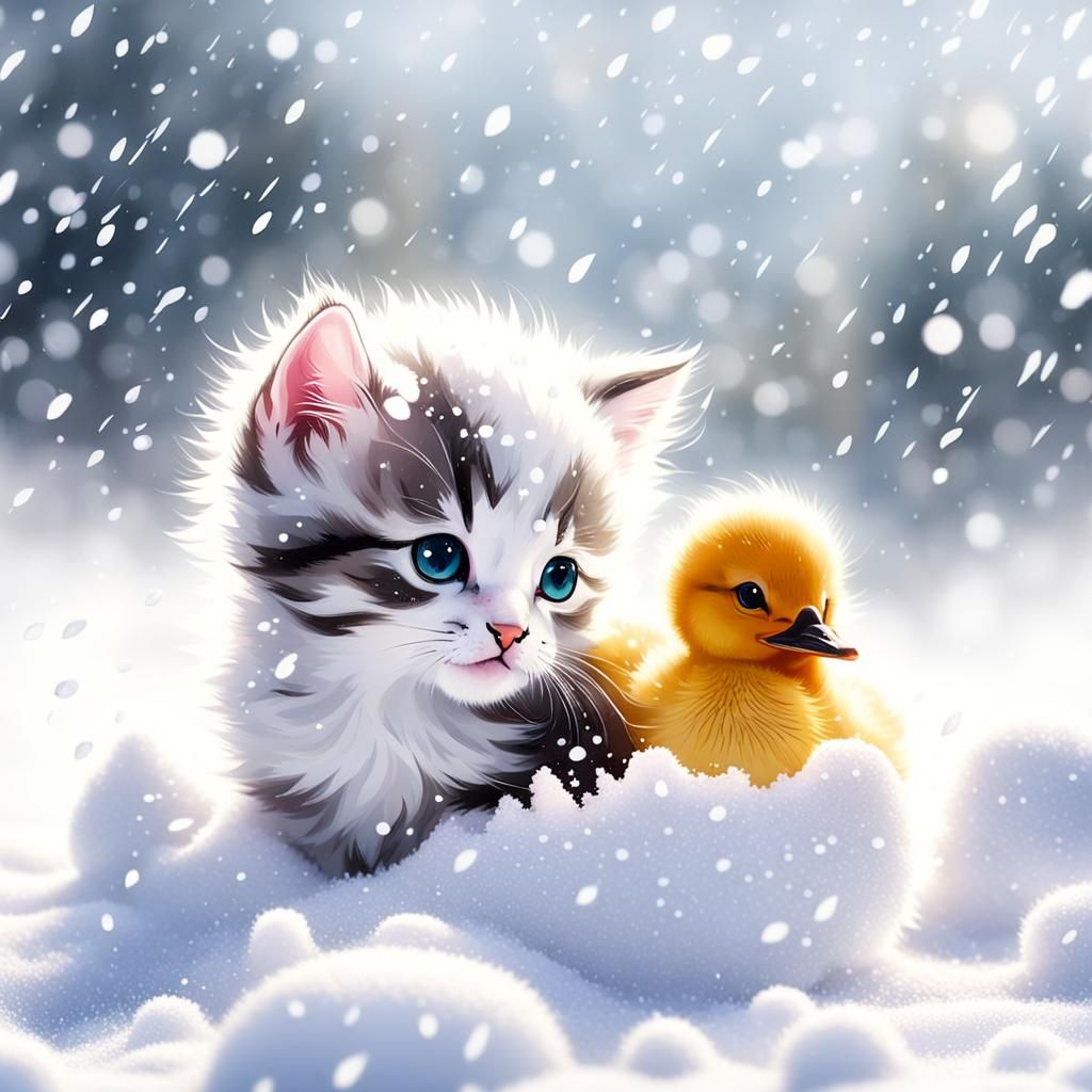"Baby kitten in the snow with a baby duck while snow is fall...