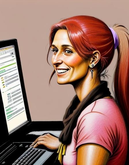 Woman Rejoices at Computer in Banksy Style