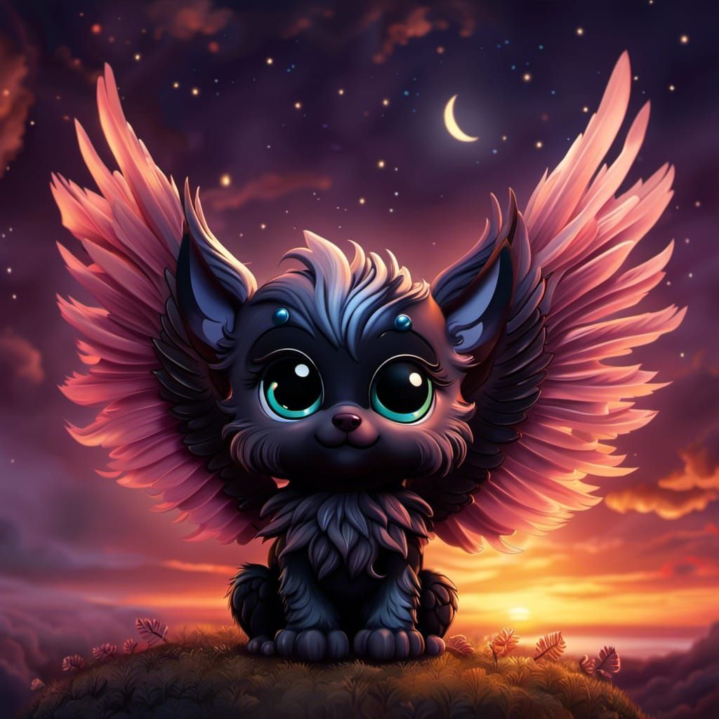 Chibi Griffon Sunset: Dark Magical Fantasy Art