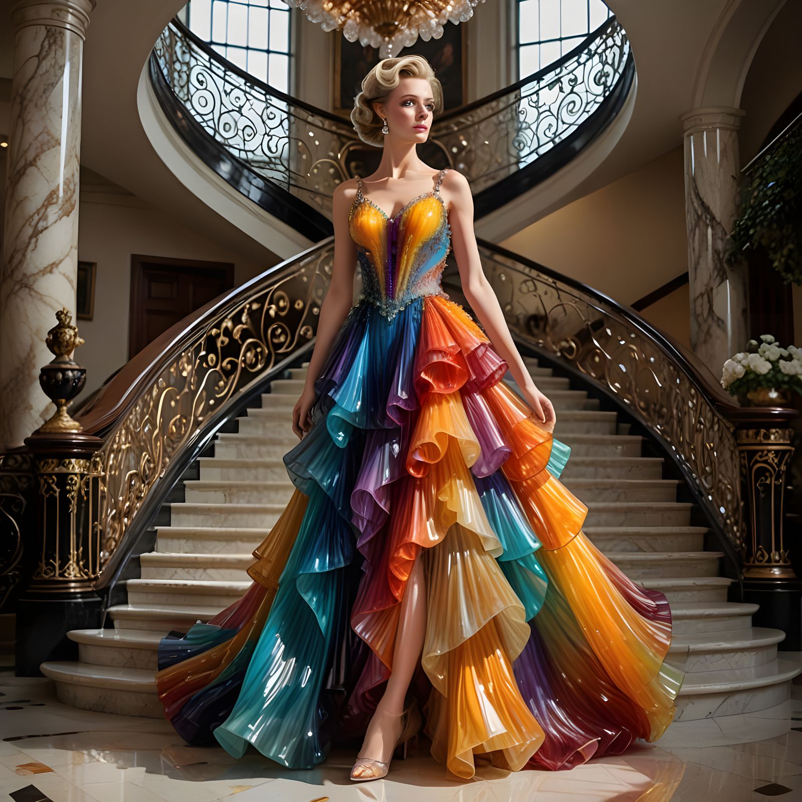 Art Glass Bouffont Dress on Stunning Woman Near Staircase